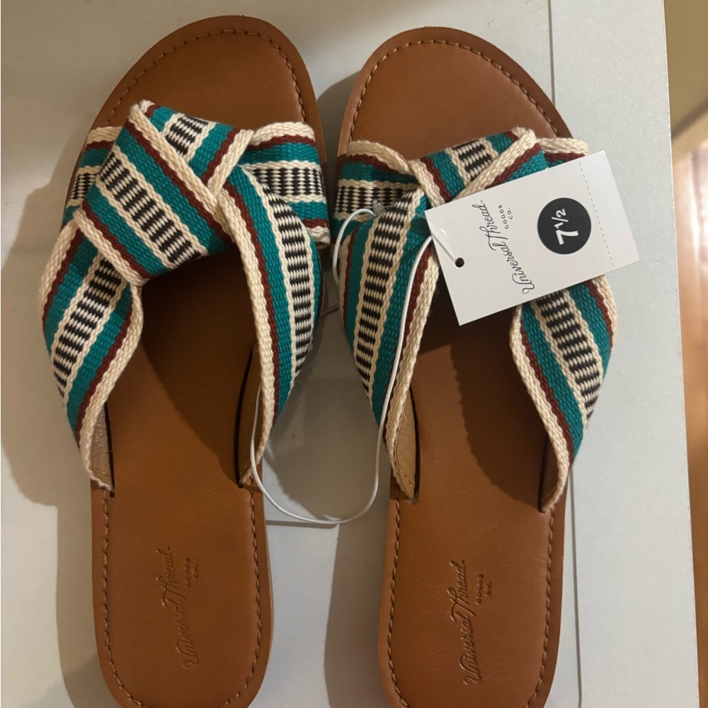 Women's Striped Sandals in Brown and Teal